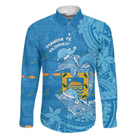 Tuvalu Christmas Family Matching Off Shoulder Maxi Dress and Hawaiian Shirt Dolphins Santa Xmas Tribal Waves DT05 Dad's Shirt - Long Sleeve Blue - Polynesian Pride