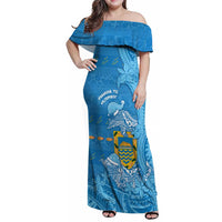 Tuvalu Christmas Family Matching Off Shoulder Maxi Dress and Hawaiian Shirt Dolphins Santa Xmas Tribal Waves DT05 Mom's Dress Blue - Polynesian Pride