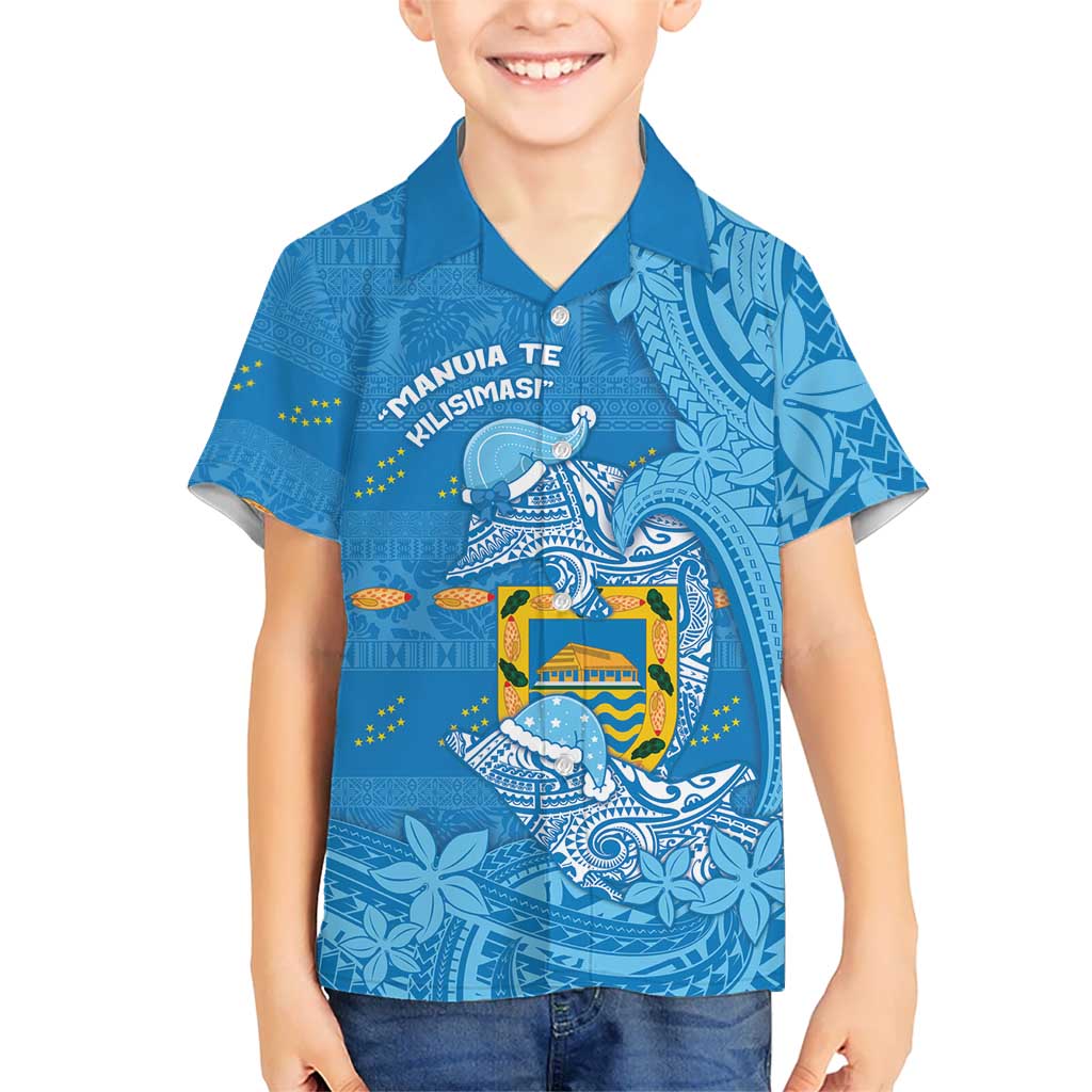 Tuvalu Christmas Family Matching Puletasi and Hawaiian Shirt Dolphins Santa Xmas Tribal Waves DT05 Son's Shirt Blue - Polynesian Pride