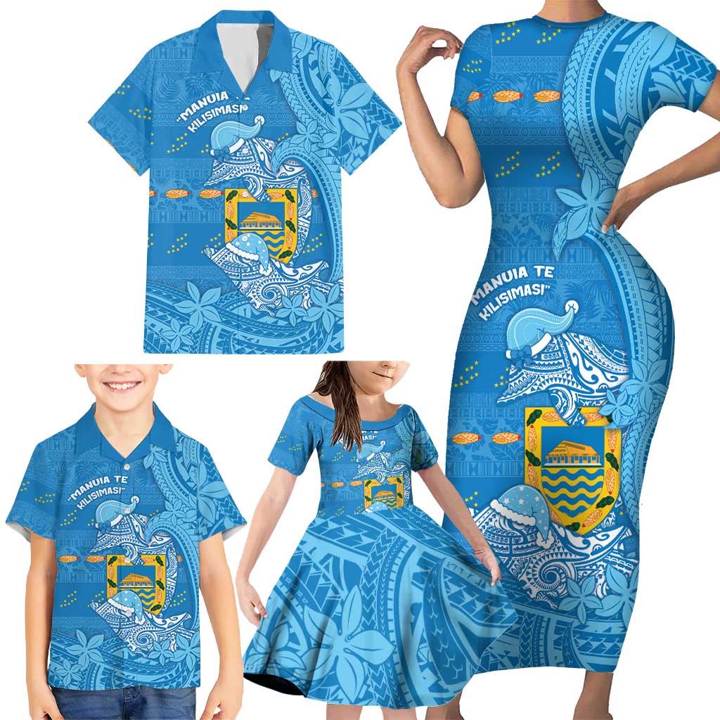 Tuvalu Christmas Family Matching Short Sleeve Bodycon Dress and Hawaiian Shirt Dolphins Santa Xmas Tribal Waves DT05 - Polynesian Pride