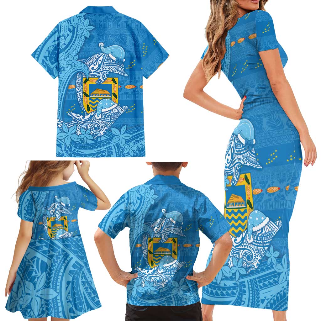 Tuvalu Christmas Family Matching Short Sleeve Bodycon Dress and Hawaiian Shirt Dolphins Santa Xmas Tribal Waves DT05 - Polynesian Pride
