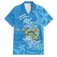 Tuvalu Christmas Family Matching Short Sleeve Bodycon Dress and Hawaiian Shirt Dolphins Santa Xmas Tribal Waves DT05 Dad's Shirt - Short Sleeve Blue - Polynesian Pride