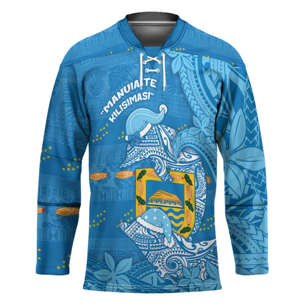 Tuvalu Christmas Hockey Jersey Dolphins Santa Xmas Tribal Waves - Polynesian Pride