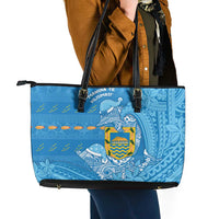 Tuvalu Christmas Leather Tote Bag Dolphins Santa Xmas Tribal Waves - Polynesian Pride