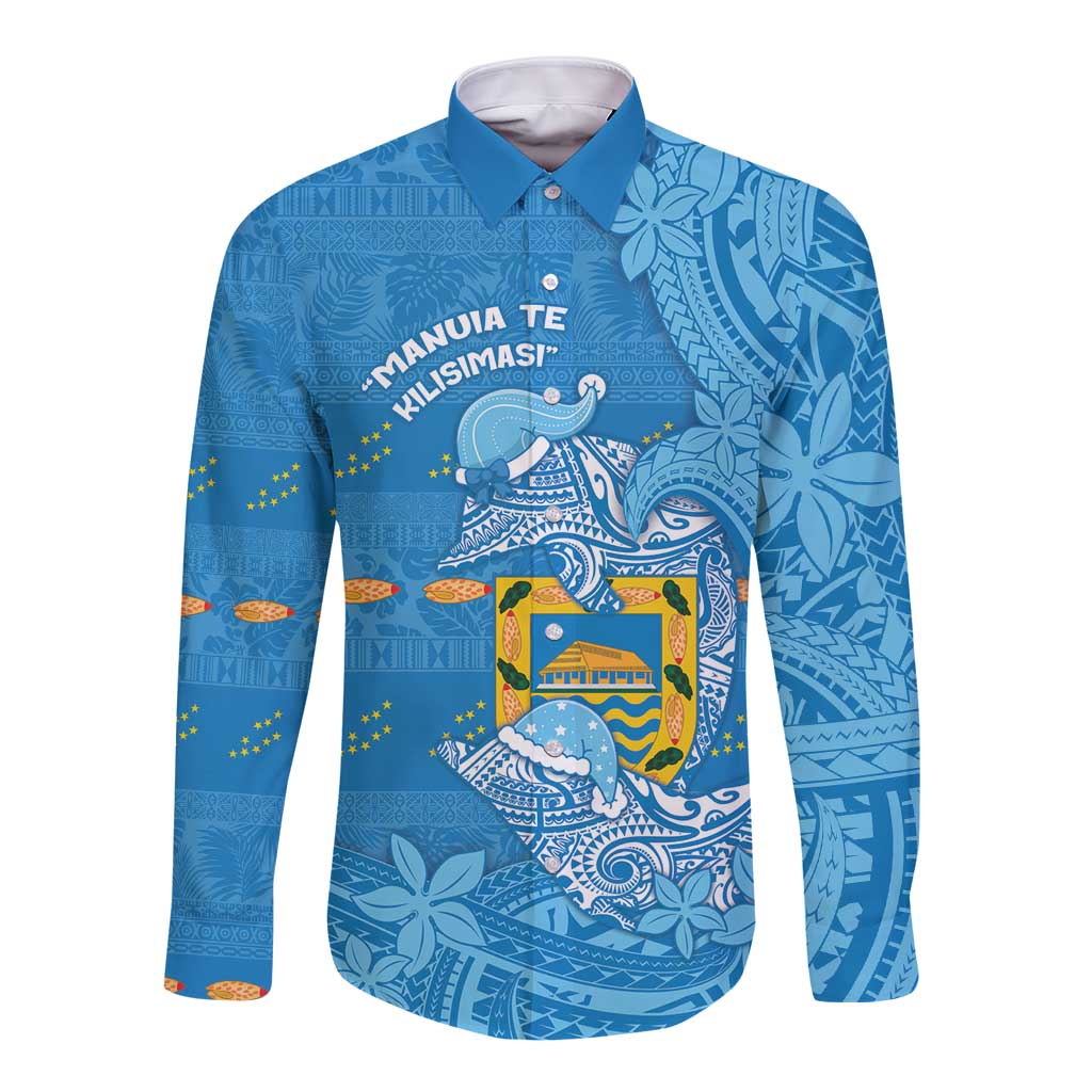 Tuvalu Christmas Long Sleeve Button Shirt Dolphins Santa Xmas Tribal Waves DT05 Unisex Blue - Polynesian Pride