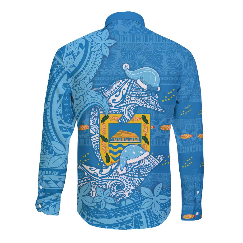 Tuvalu Christmas Long Sleeve Button Shirt Dolphins Santa Xmas Tribal Waves DT05 - Polynesian Pride