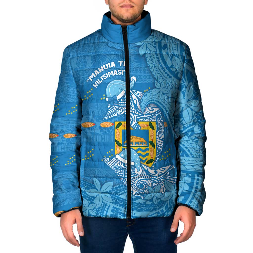 Tuvalu Christmas Padded Jacket Dolphins Santa Xmas Tribal Waves DT05 Men Blue - Polynesian Pride
