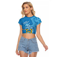Tuvalu Christmas Raglan Cropped T Shirt Dolphins Santa Xmas Tribal Waves DT05 Female Blue - Polynesian Pride