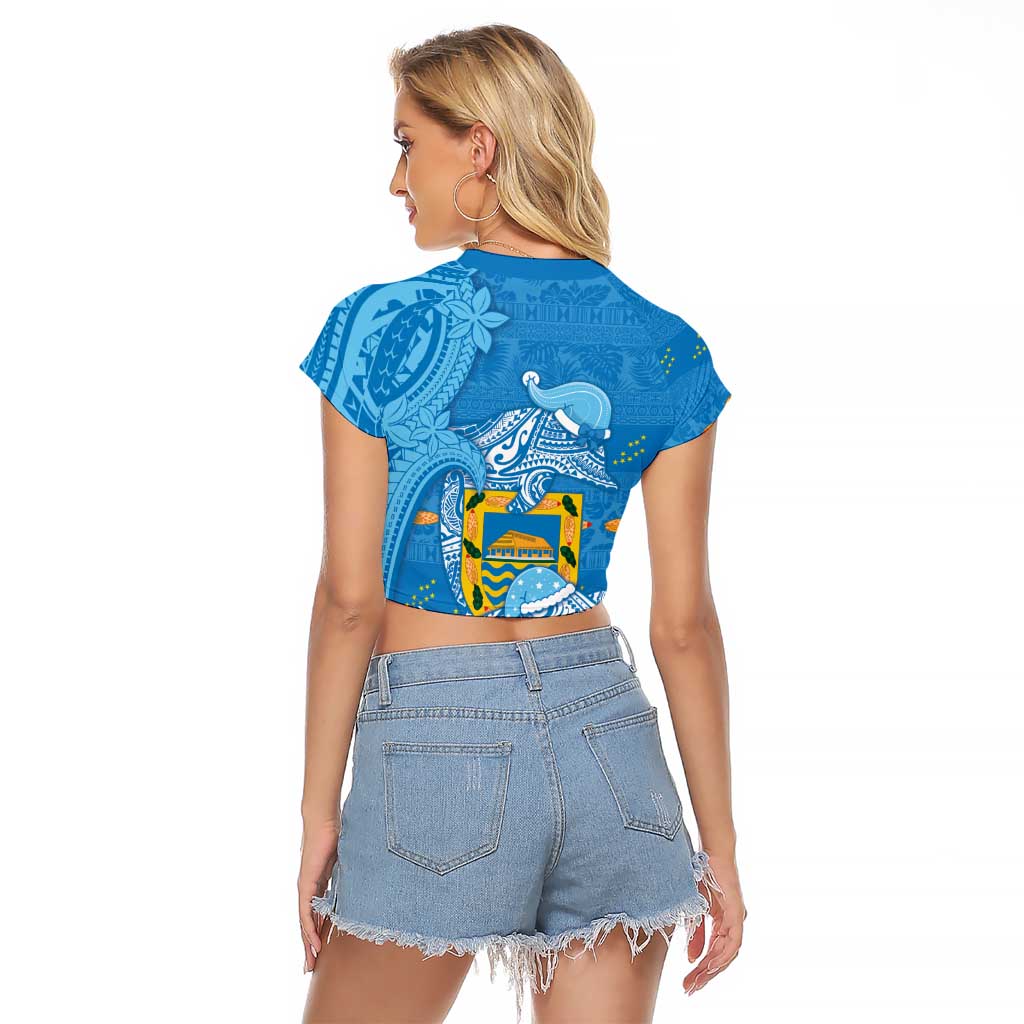 Tuvalu Christmas Raglan Cropped T Shirt Dolphins Santa Xmas Tribal Waves DT05 - Polynesian Pride