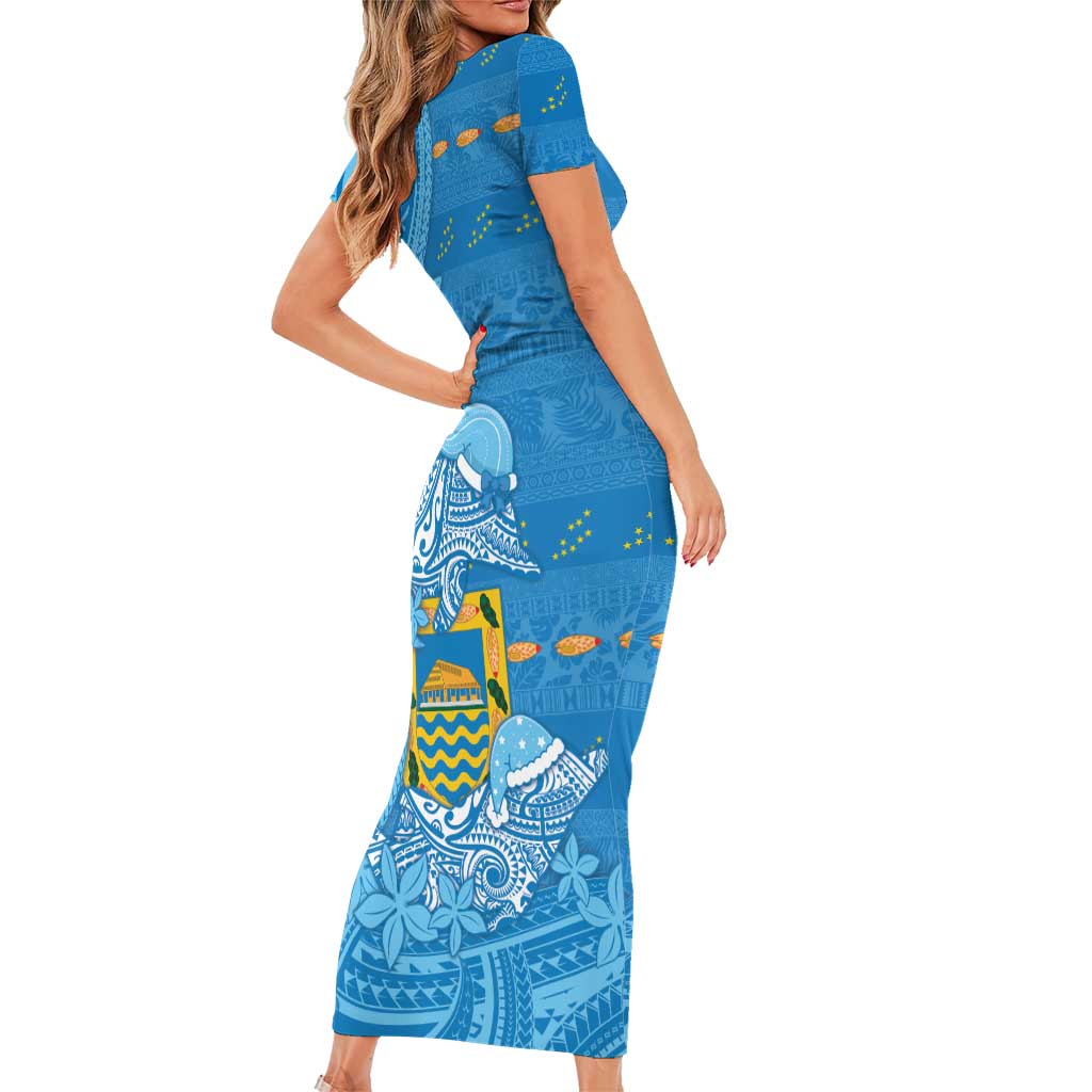 Tuvalu Christmas Short Sleeve Bodycon Dress Dolphins Santa Xmas Tribal Waves - Polynesian Pride