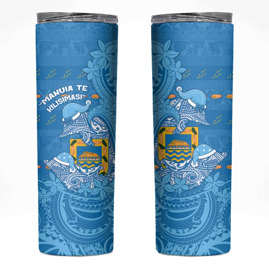 Tuvalu Christmas Skinny Tumbler Dolphins Santa Xmas Tribal Waves DT05 Blue - Polynesian Pride