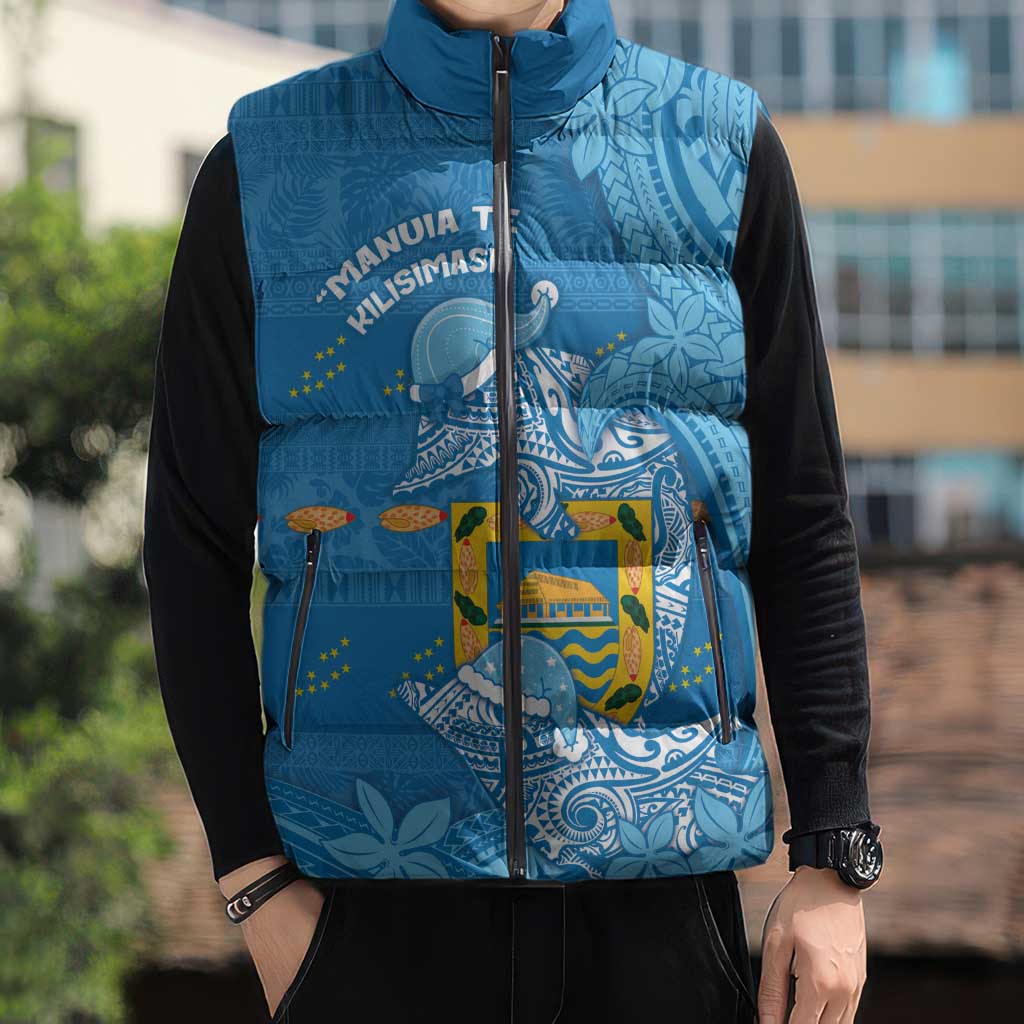 Tuvalu Christmas Sleeveless Puffer Jacket Dolphins Santa Xmas Tribal Waves - Polynesian Pride