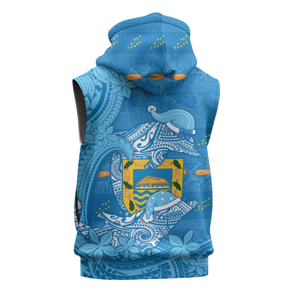 Tuvalu Christmas Sleeveless Zip Hoodie Dolphins Santa Xmas Tribal Waves - Polynesian Pride