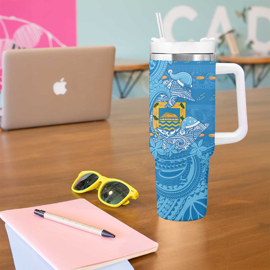 Tuvalu Christmas Tumbler With Handle Dolphins Santa Xmas Tribal Waves - Polynesian Pride