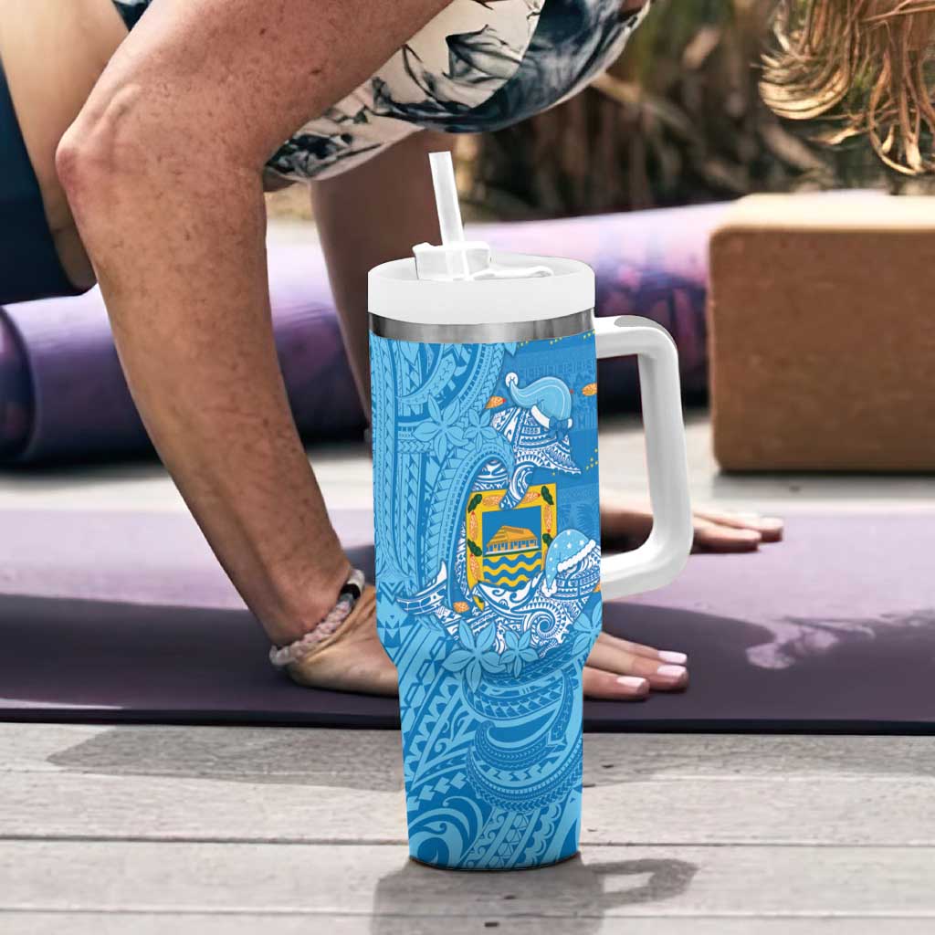 Tuvalu Christmas Tumbler With Handle Dolphins Santa Xmas Tribal Waves - Polynesian Pride