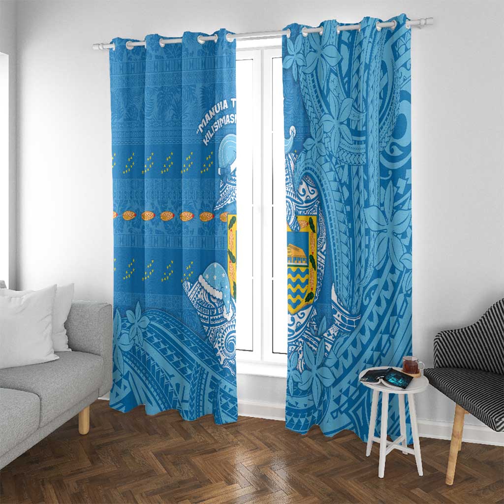 Tuvalu Christmas Window Curtain Dolphins Santa Xmas Tribal Waves DT05 With Grommets Blue - Polynesian Pride