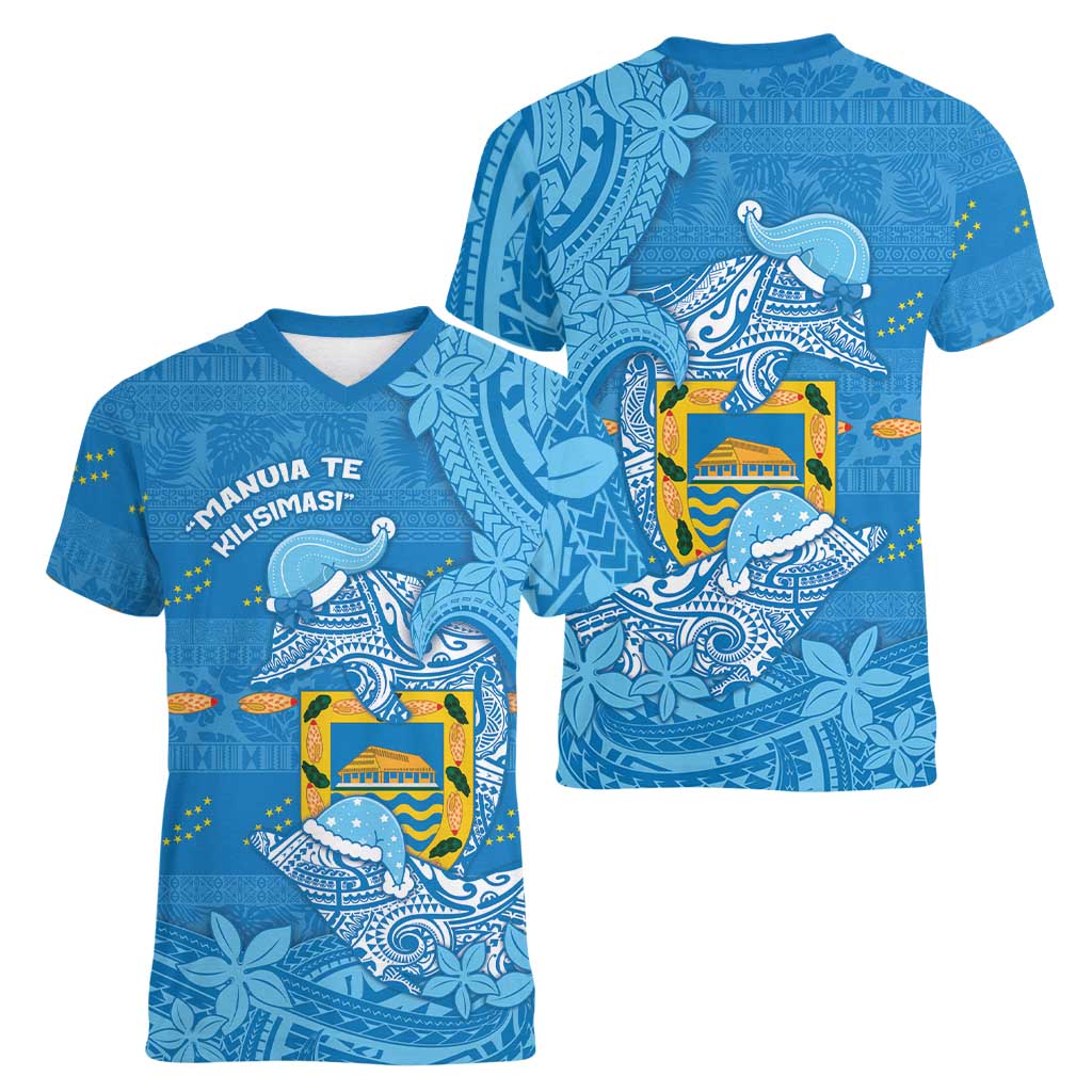 Tuvalu Christmas Women V-Neck T-Shirt Dolphins Santa Xmas Tribal Waves DT05 - Polynesian Pride