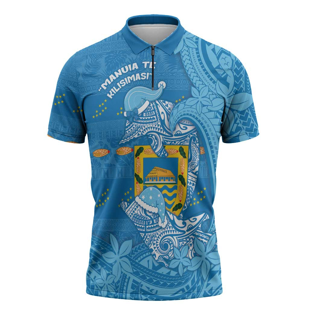 Tuvalu Christmas Zipper Polo Shirt Dolphins Santa Xmas Tribal Waves DT05 Blue - Polynesian Pride