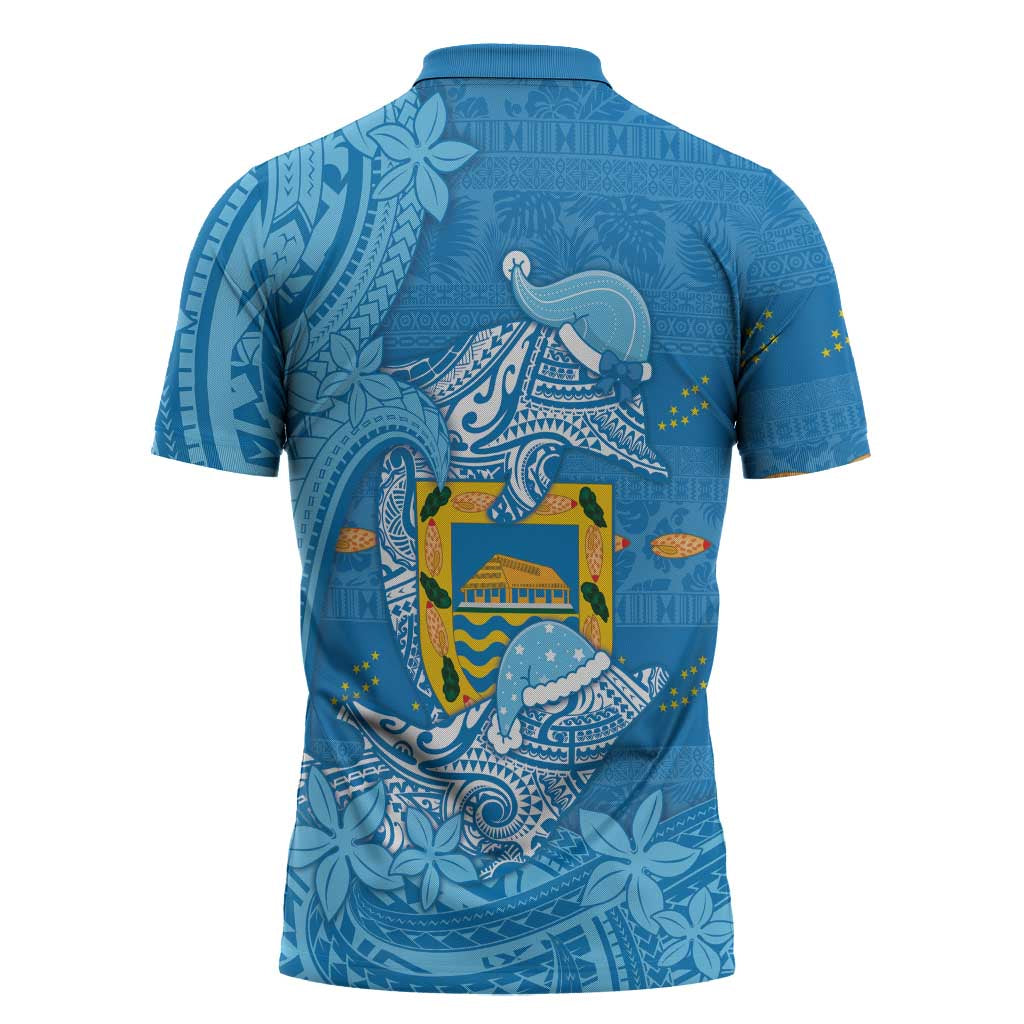 Tuvalu Christmas Zipper Polo Shirt Dolphins Santa Xmas Tribal Waves DT05 - Polynesian Pride
