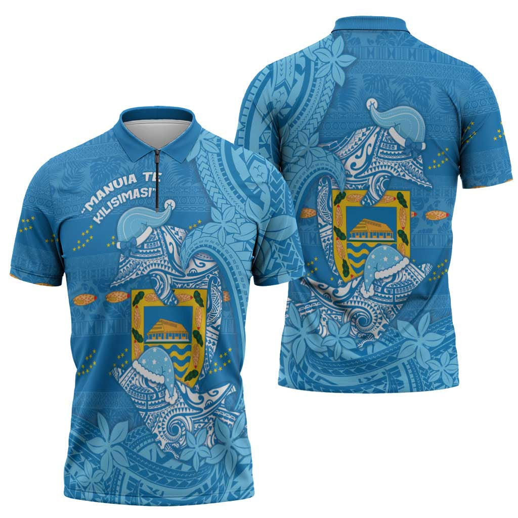 Tuvalu Christmas Zipper Polo Shirt Dolphins Santa Xmas Tribal Waves DT05 - Polynesian Pride