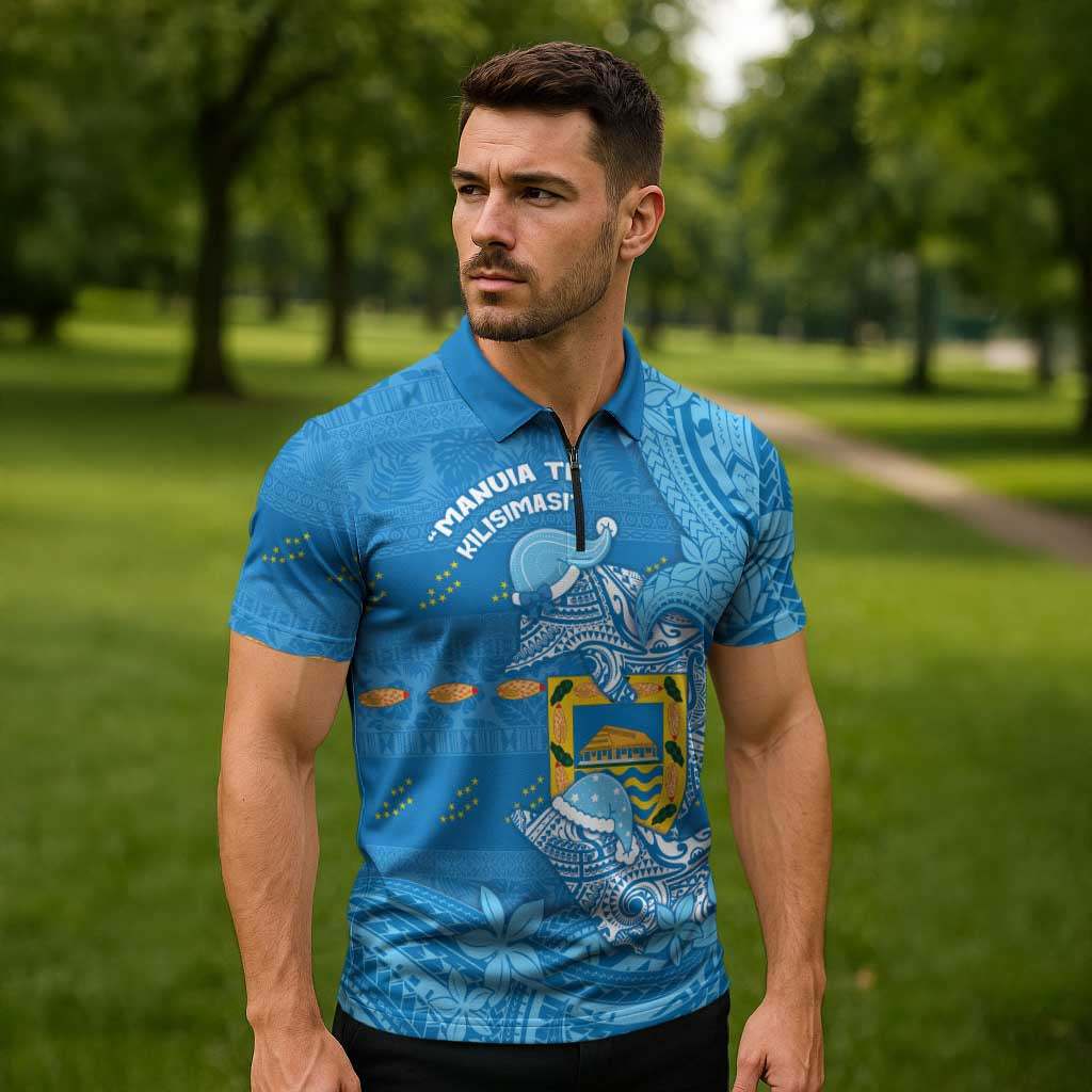Tuvalu Christmas Zipper Polo Shirt Dolphins Santa Xmas Tribal Waves DT05 - Polynesian Pride