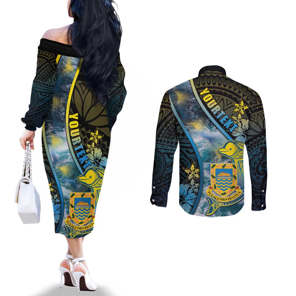 Personalised Tuvalu Couples Matching Off The Shoulder Long Sleeve Dress and Long Sleeve Button Shirt Dolphin On The Waves