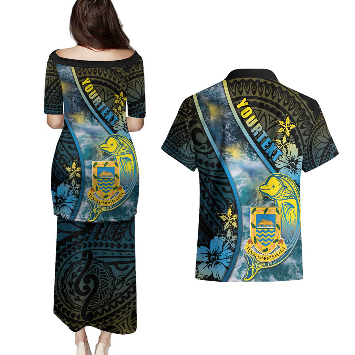 Personalised Tuvalu Couples Matching Puletasi and Hawaiian Shirt Dolphin On The Waves