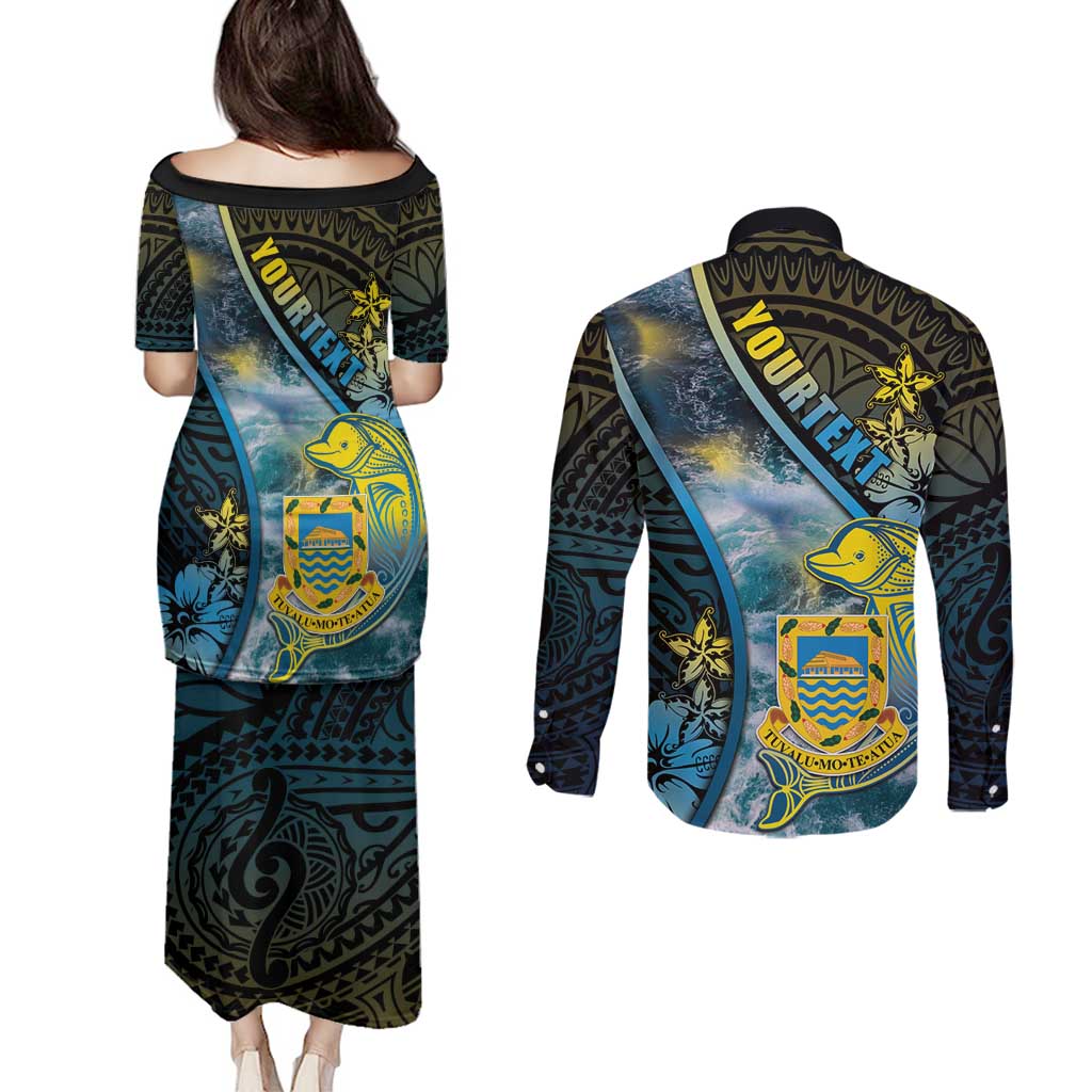 Personalised Tuvalu Couples Matching Puletasi and Long Sleeve Button Shirt Dolphin On The Waves