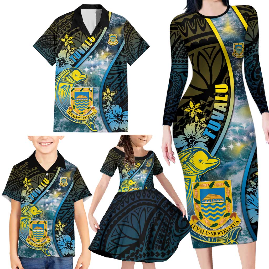 Personalised Tuvalu Family Matching Long Sleeve Bodycon Dress and Hawaiian Shirt Dolphin On The Waves DT05 - Polynesian Pride