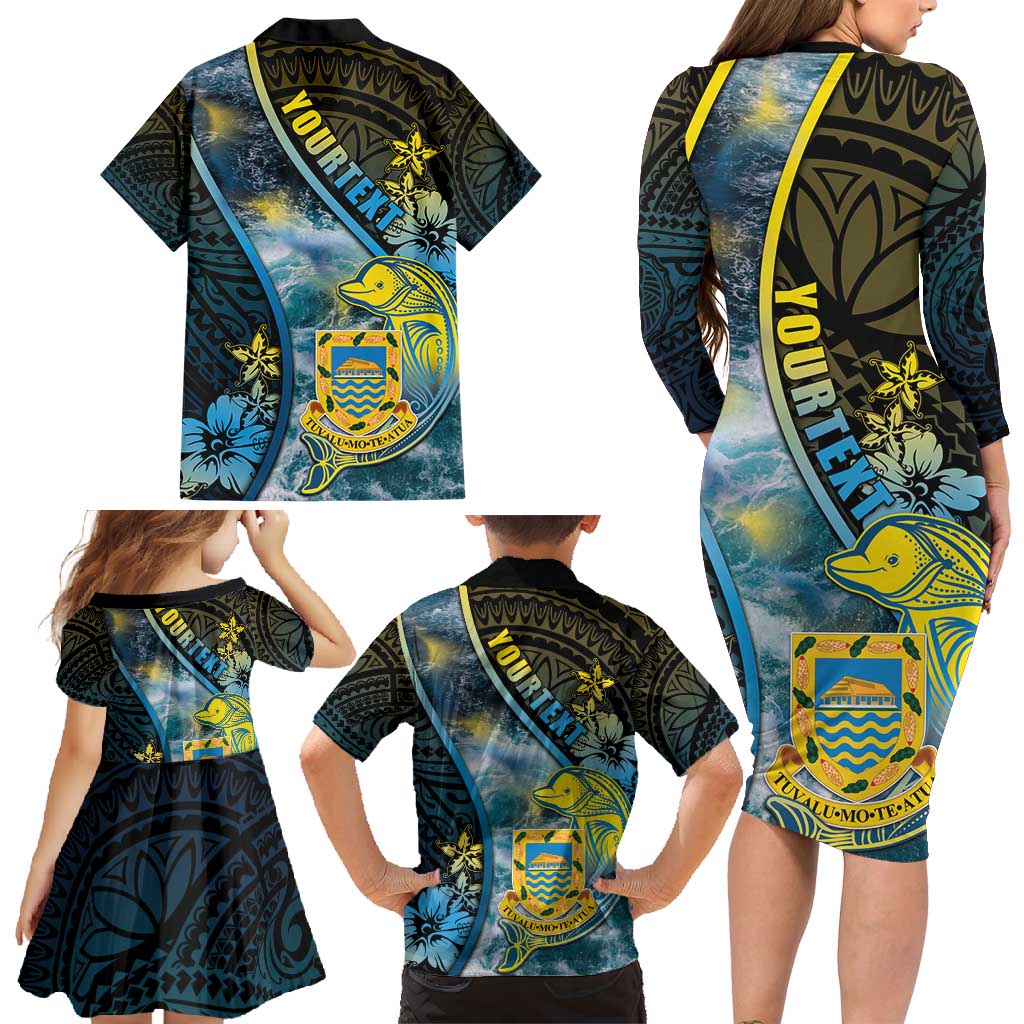 Personalised Tuvalu Family Matching Long Sleeve Bodycon Dress and Hawaiian Shirt Dolphin On The Waves DT05 - Polynesian Pride