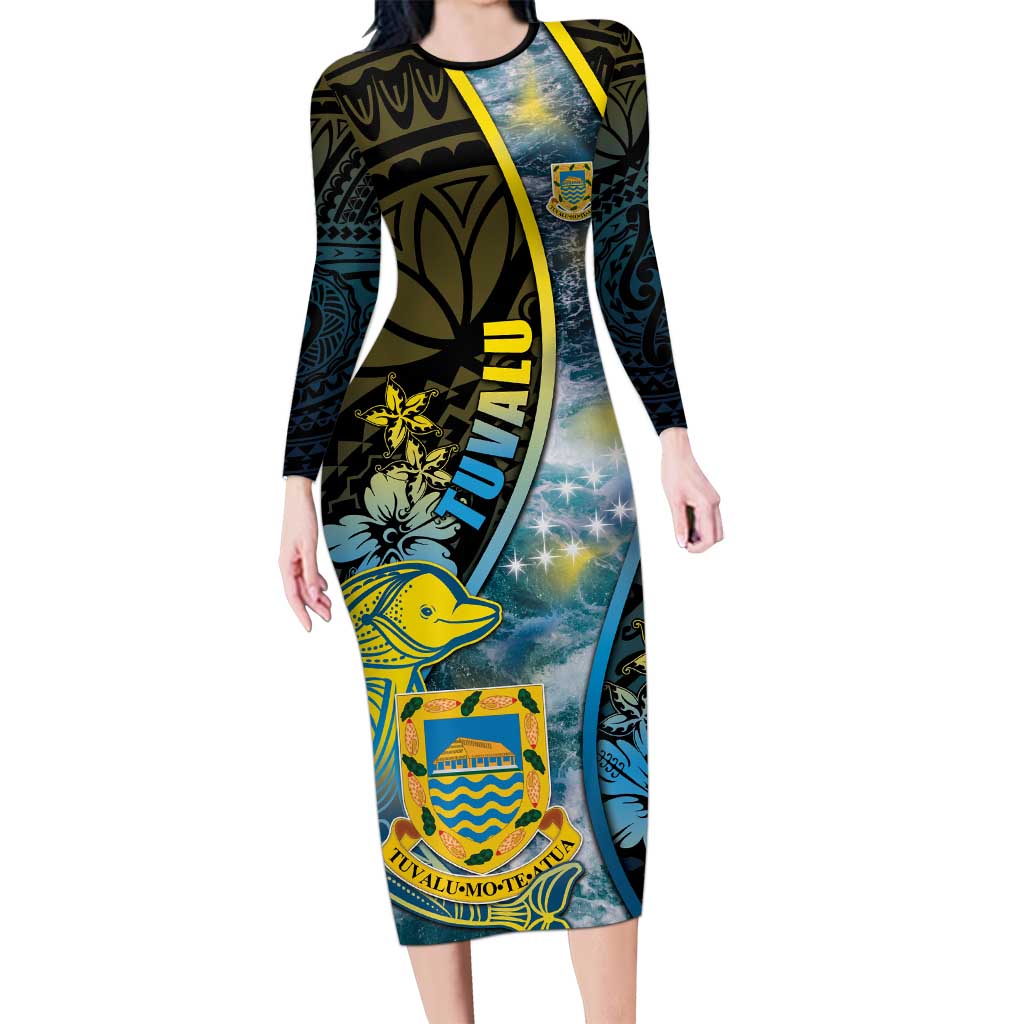 Personalised Tuvalu Family Matching Long Sleeve Bodycon Dress and Hawaiian Shirt Dolphin On The Waves DT05 Mom's Dress Blue - Polynesian Pride