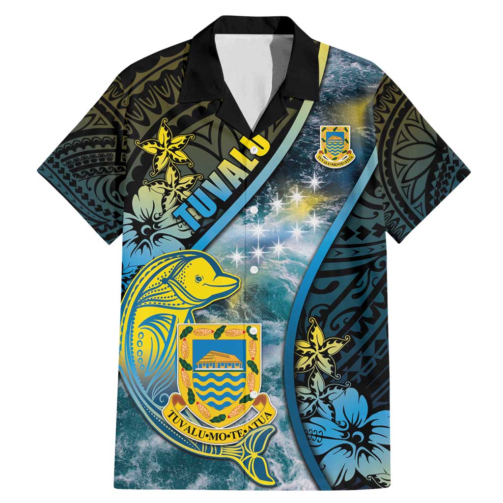 Personalised Tuvalu Family Matching Mermaid Dress and Hawaiian Shirt Dolphin On The Waves DT05 Dad's Shirt - Short Sleeve Blue - Polynesian Pride