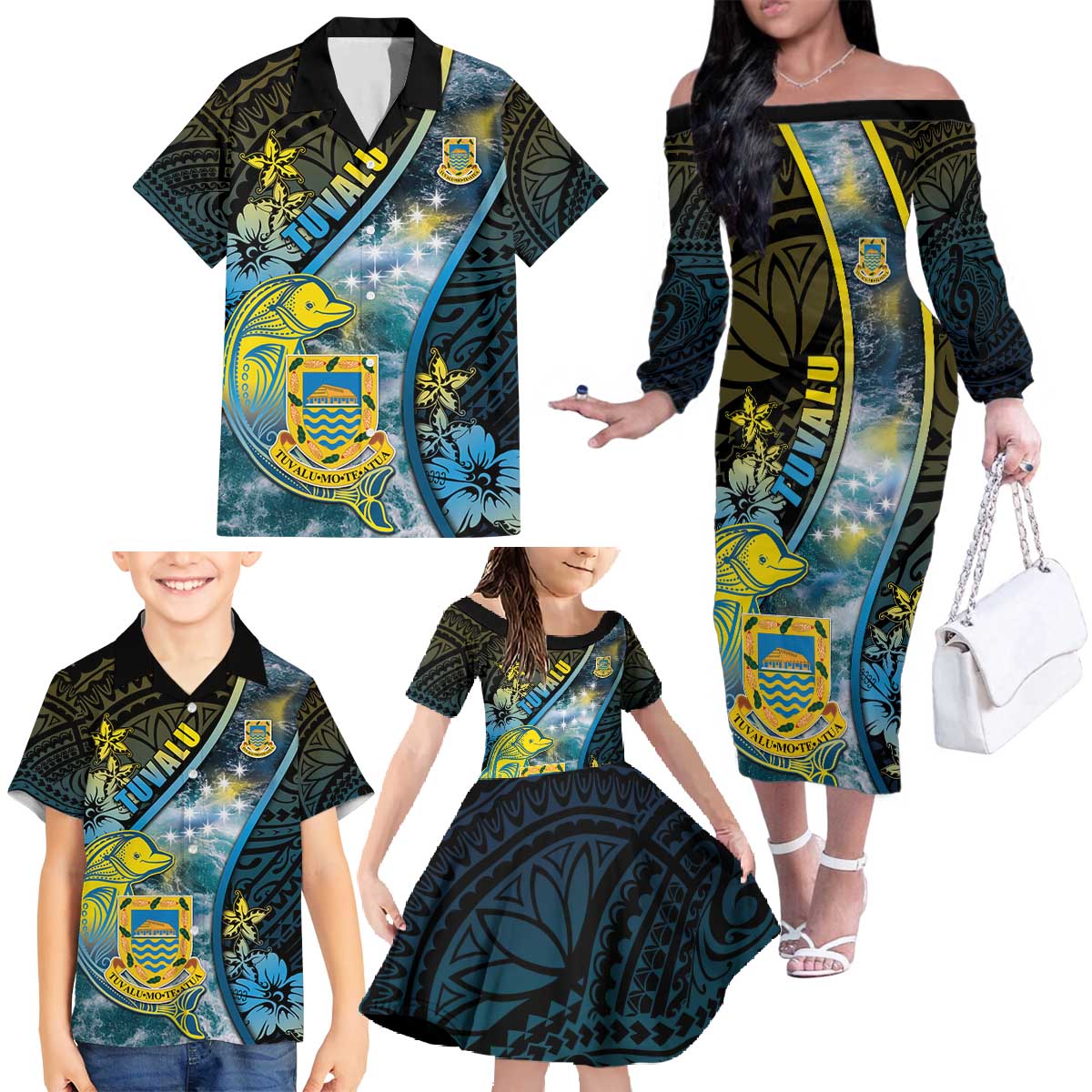 Personalised Tuvalu Family Matching Off The Shoulder Long Sleeve Dress and Hawaiian Shirt Dolphin On The Waves DT05 - Polynesian Pride