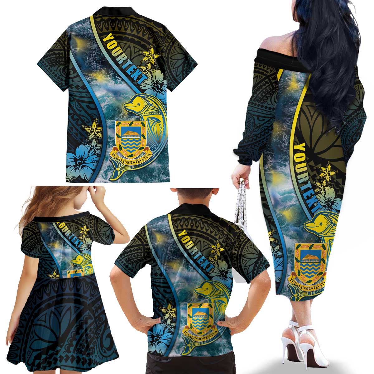 Personalised Tuvalu Family Matching Off The Shoulder Long Sleeve Dress and Hawaiian Shirt Dolphin On The Waves DT05 - Polynesian Pride