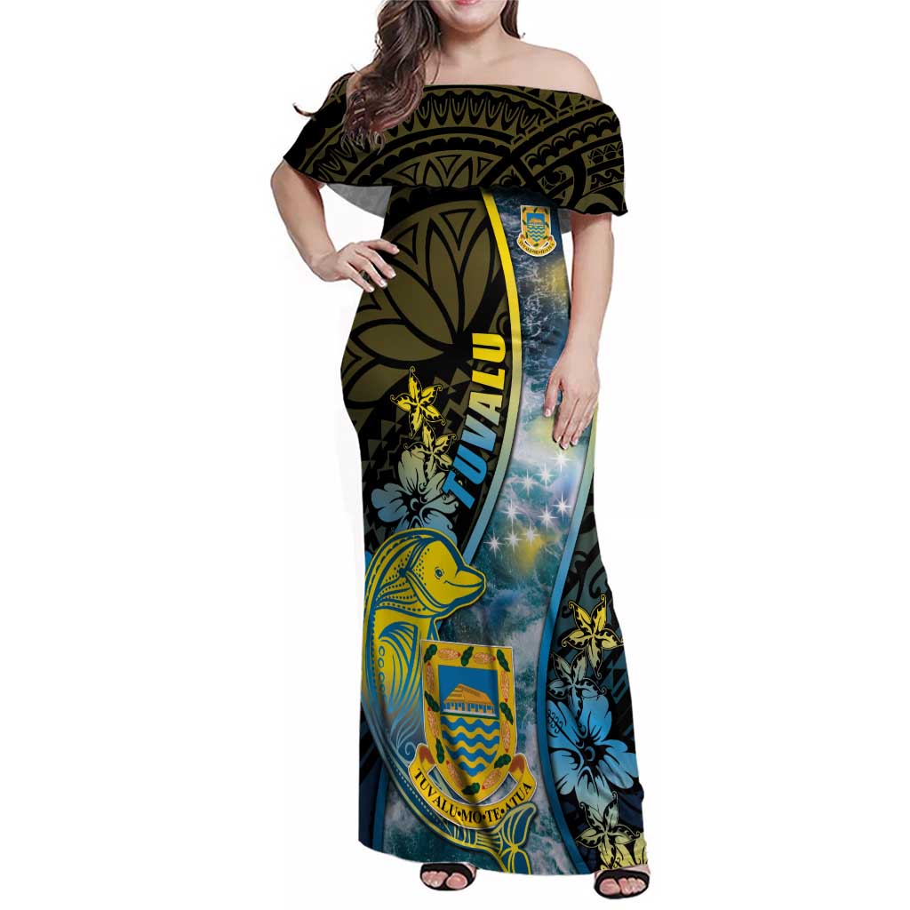 Personalised Tuvalu Family Matching Off Shoulder Maxi Dress and Hawaiian Shirt Dolphin On The Waves DT05 Mom's Dress Blue - Polynesian Pride