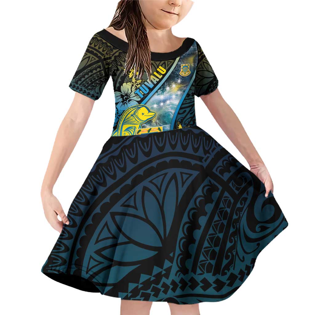 Personalised Tuvalu Family Matching Off Shoulder Short Dress and Hawaiian Shirt Dolphin On The Waves DT05 Daughter's Dress Blue - Polynesian Pride