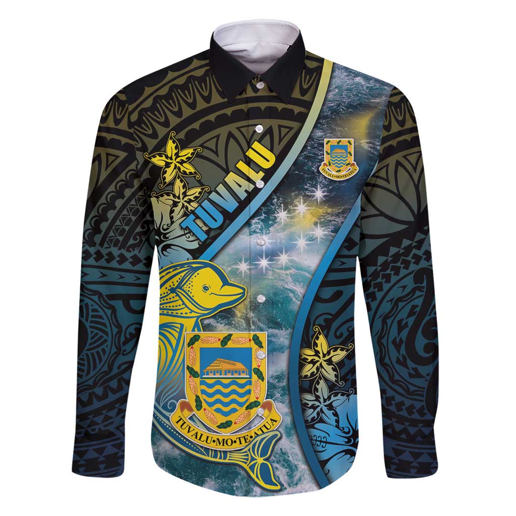 Personalised Tuvalu Family Matching Off Shoulder Short Dress and Hawaiian Shirt Dolphin On The Waves DT05 Dad's Shirt - Long Sleeve Blue - Polynesian Pride