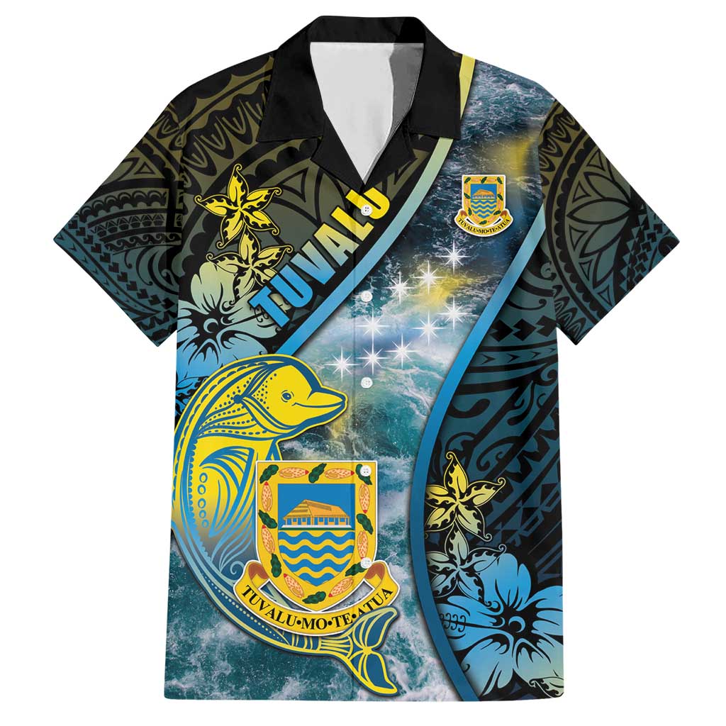 Personalised Tuvalu Family Matching Short Sleeve Bodycon Dress and Hawaiian Shirt Dolphin On The Waves DT05 Dad's Shirt - Short Sleeve Blue - Polynesian Pride