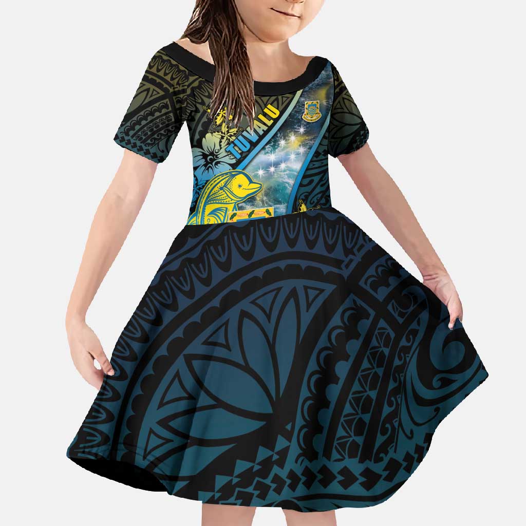 Personalised Tuvalu Family Matching Summer Maxi Dress and Hawaiian Shirt Dolphin On The Waves DT05 Daughter's Dress Blue - Polynesian Pride