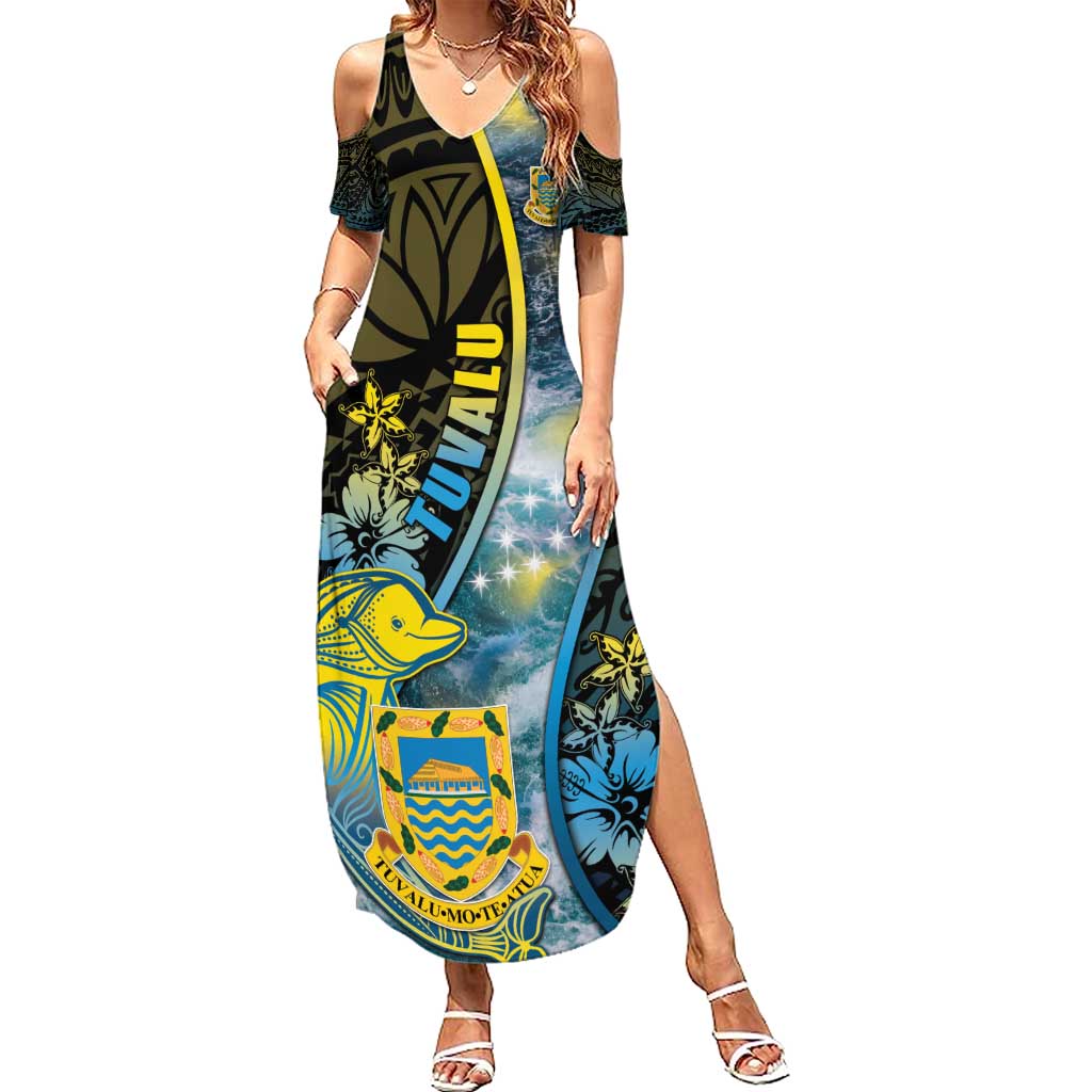 Personalised Tuvalu Family Matching Summer Maxi Dress and Hawaiian Shirt Dolphin On The Waves DT05 Mom's Dress Blue - Polynesian Pride