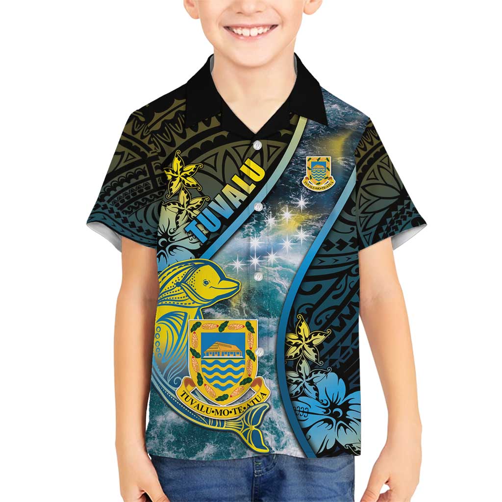 Personalised Tuvalu Family Matching Summer Maxi Dress and Hawaiian Shirt Dolphin On The Waves DT05 Son's Shirt Blue - Polynesian Pride