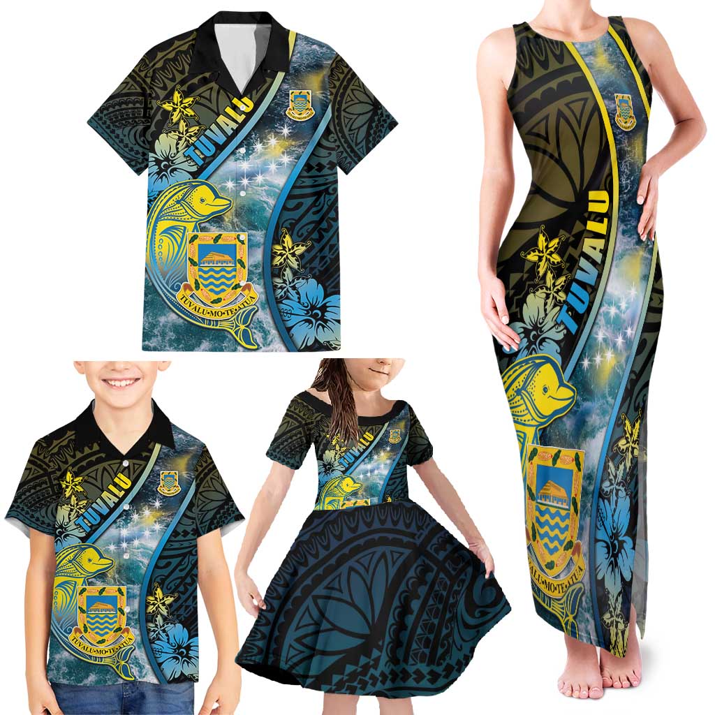 Personalised Tuvalu Family Matching Tank Maxi Dress and Hawaiian Shirt Dolphin On The Waves DT05 - Polynesian Pride