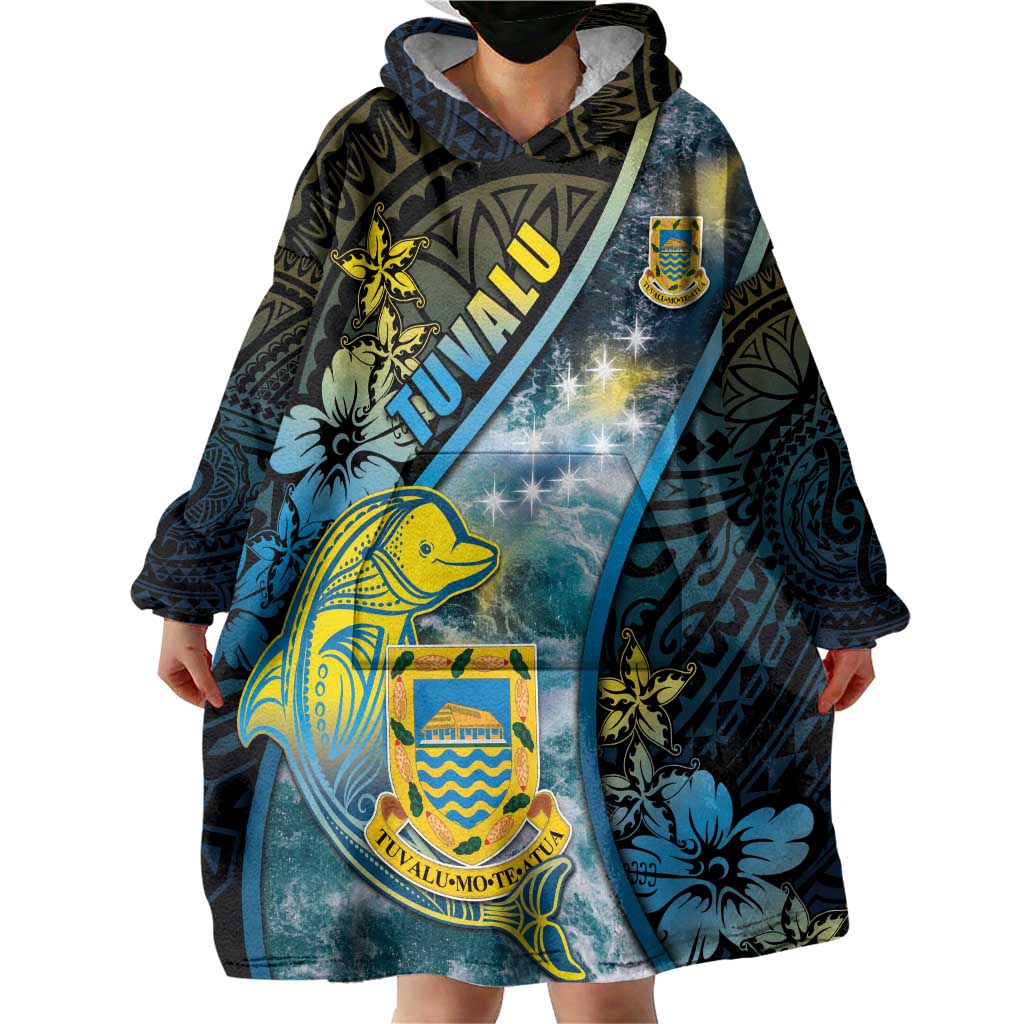 Personalised Tuvalu Wearable Blanket Hoodie Dolphin On The Waves DT05 - Polynesian Pride