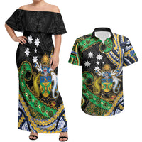 South Sea Islanders And Solomon Islands Couples Matching Off Shoulder Maxi Dress and Hawaiian Shirt Solomons Coat Of Arms And Southern Cross DT05 Black - Polynesian Pride