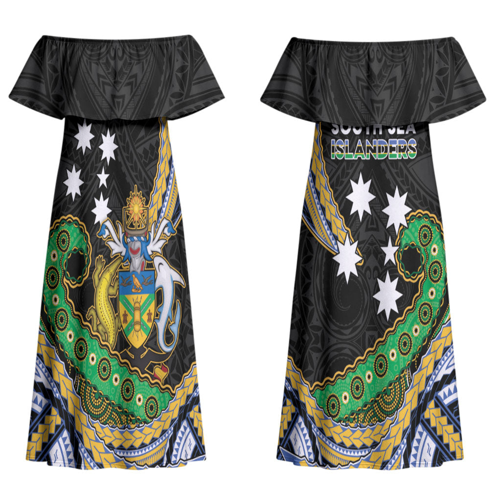 South Sea Islanders And Solomon Islands Couples Matching Off Shoulder Maxi Dress and Hawaiian Shirt Solomons Coat Of Arms And Southern Cross DT05 - Polynesian Pride
