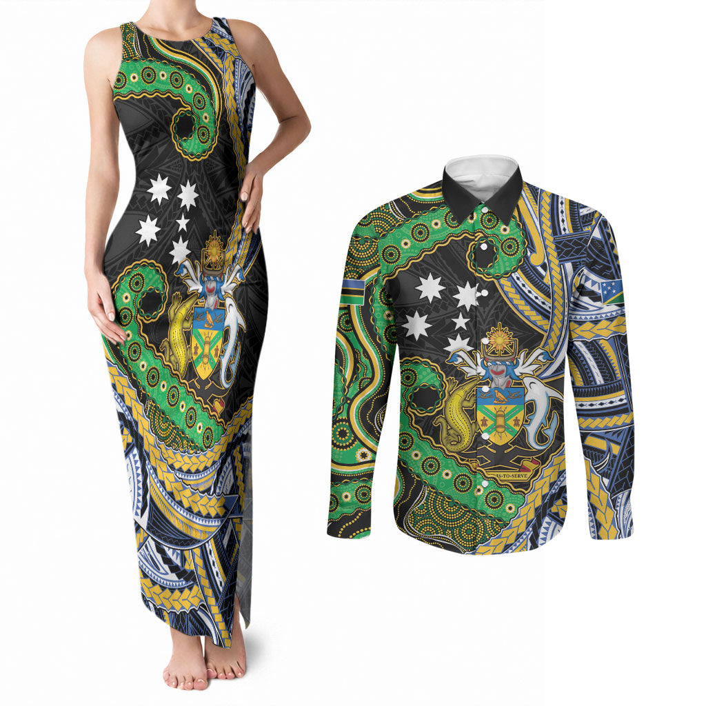 South Sea Islanders And Solomon Islands Couples Matching Tank Maxi Dress and Long Sleeve Button Shirt Solomons Coat Of Arms And Southern Cross DT05 Black - Polynesian Pride