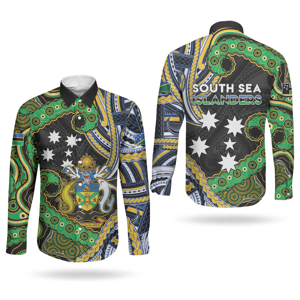 South Sea Islanders And Solomon Islands Couples Matching Tank Maxi Dress and Long Sleeve Button Shirt Solomons Coat Of Arms And Southern Cross DT05 - Polynesian Pride