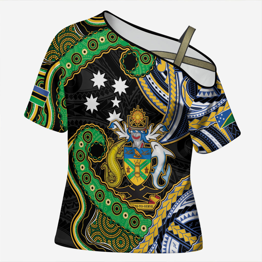 South Sea Islanders And Solomon Islands Cross Shoulder Shirt Solomons Coat Of Arms And Southern Cross DT05 Female Black - Polynesian Pride