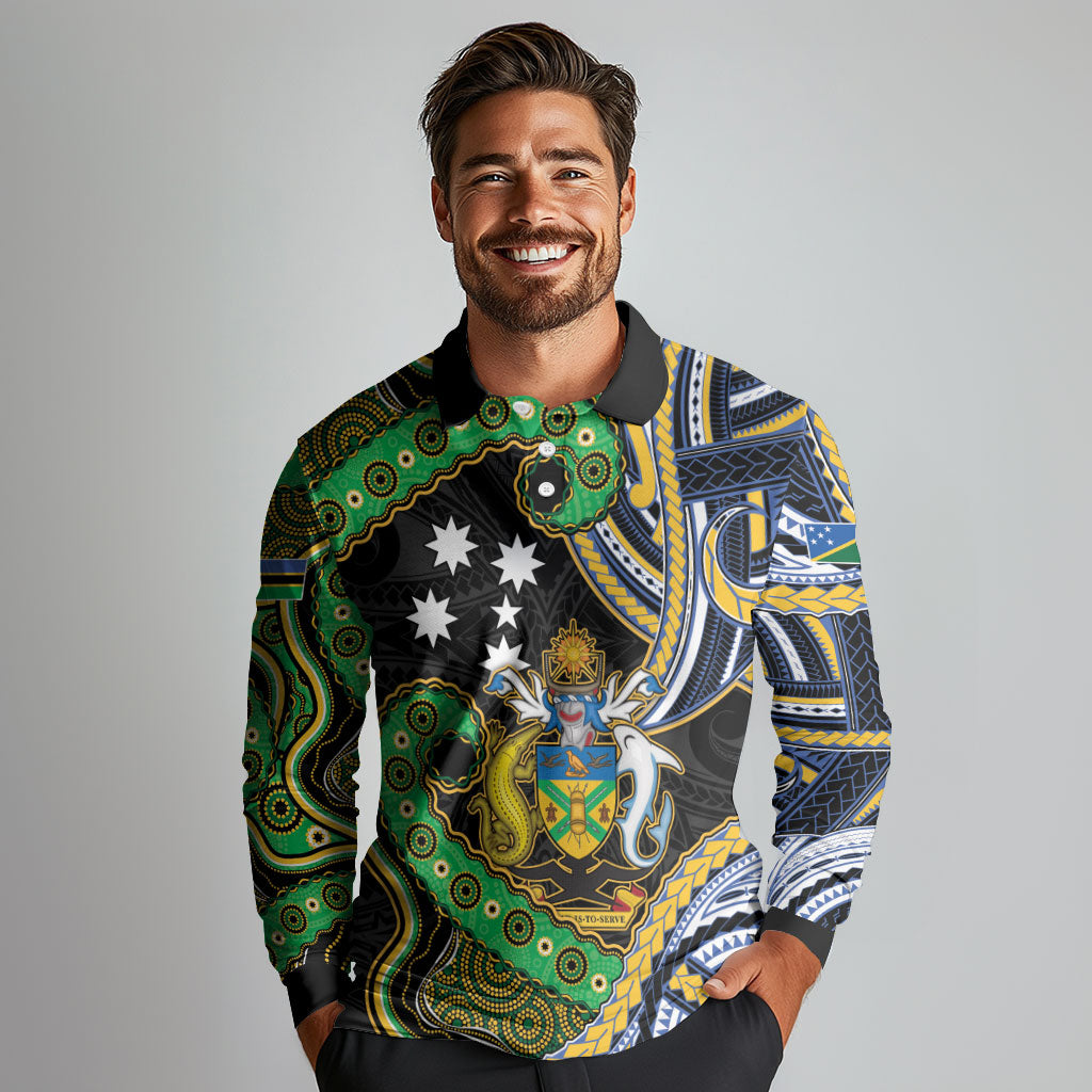 South Sea Islanders And Solomon Islands Long Sleeve Polo Shirt Solomons Coat Of Arms And Southern Cross DT05 - Polynesian Pride