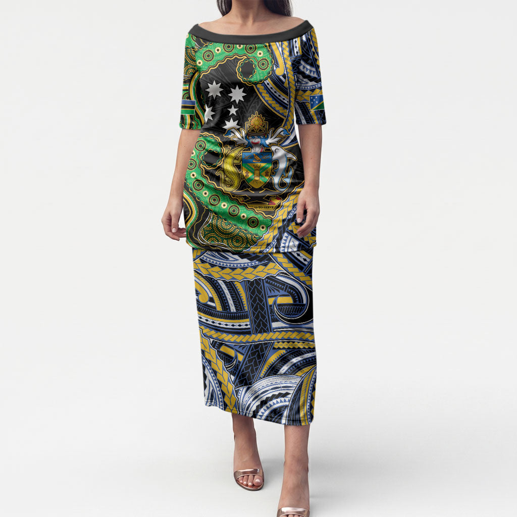 South Sea Islanders And Solomon Islands Puletasi Solomons Coat Of Arms And Southern Cross DT05 Long Dress Black - Polynesian Pride